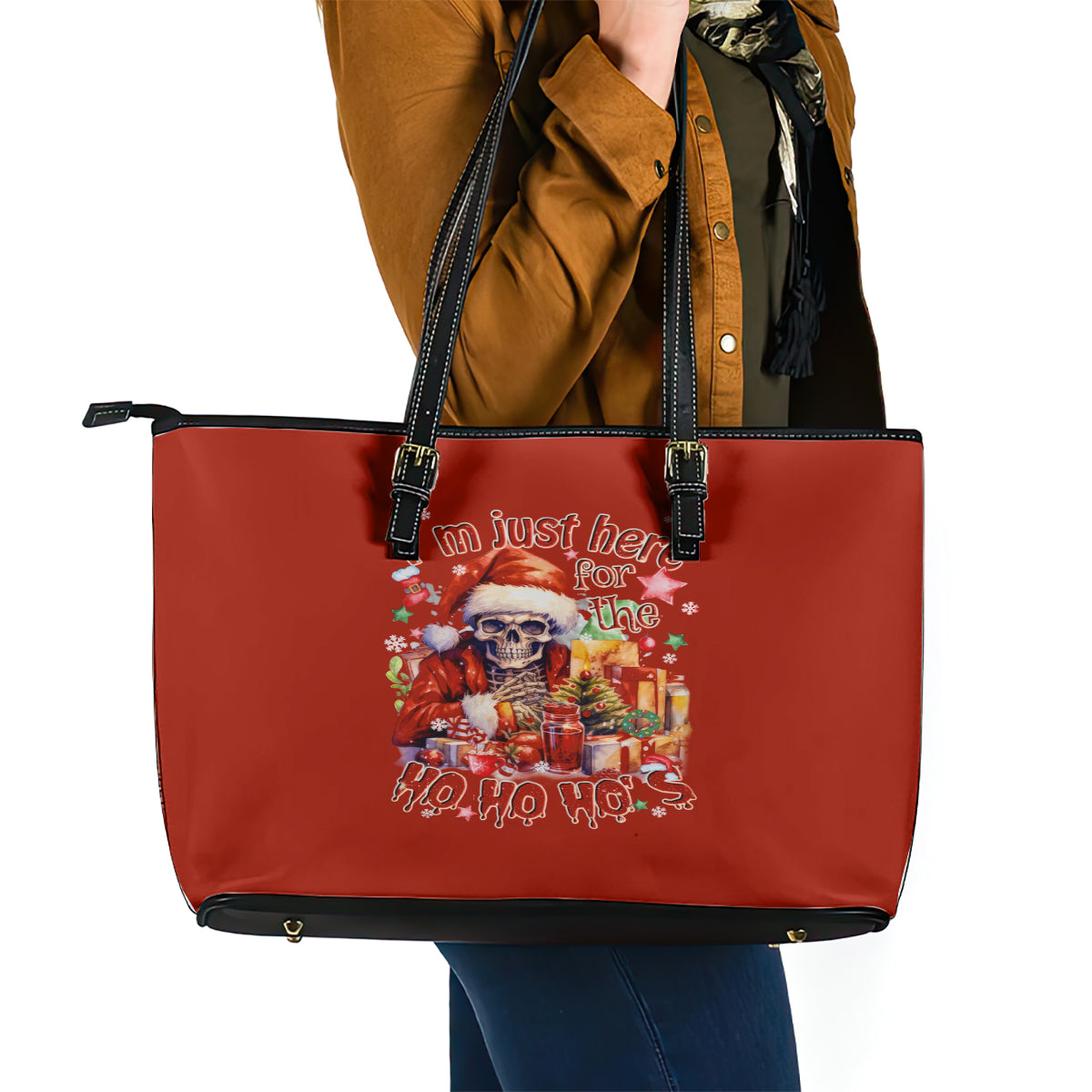 Skeleton Santa Claus Leather Tote Bag I'm Just Here For The Ho Ho Ho DT01