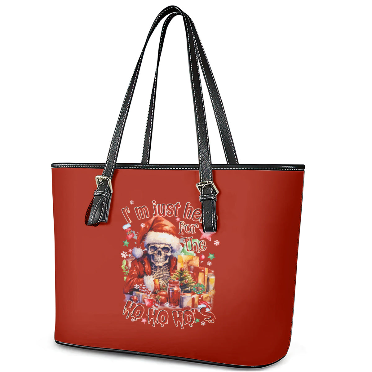 Skeleton Santa Claus Leather Tote Bag I'm Just Here For The Ho Ho Ho DT01