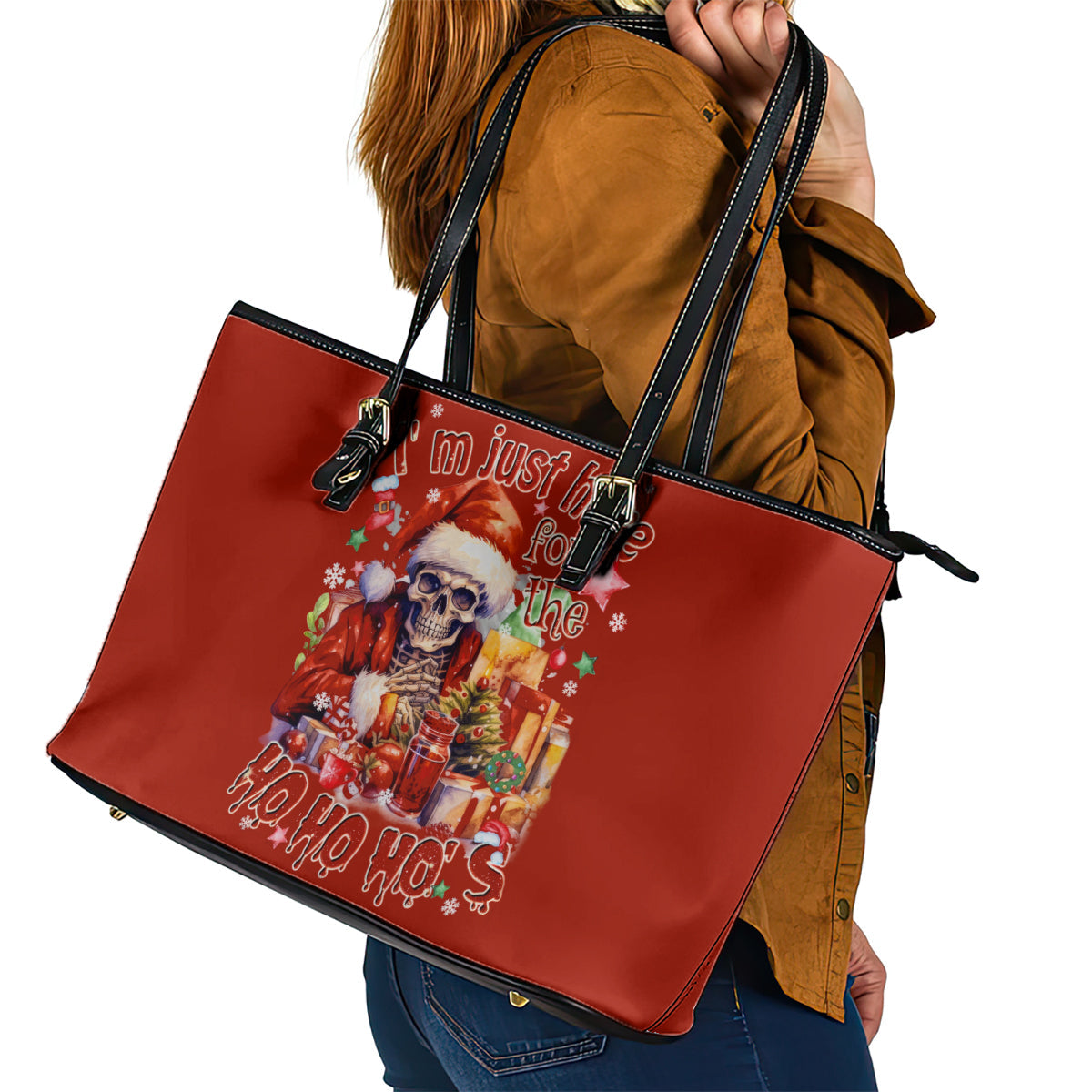 Skeleton Santa Claus Leather Tote Bag I'm Just Here For The Ho Ho Ho DT01