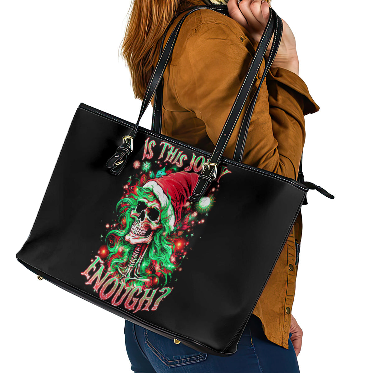 Skull Santa Girl Leather Tote Bag Is This Jolly Enough DT01