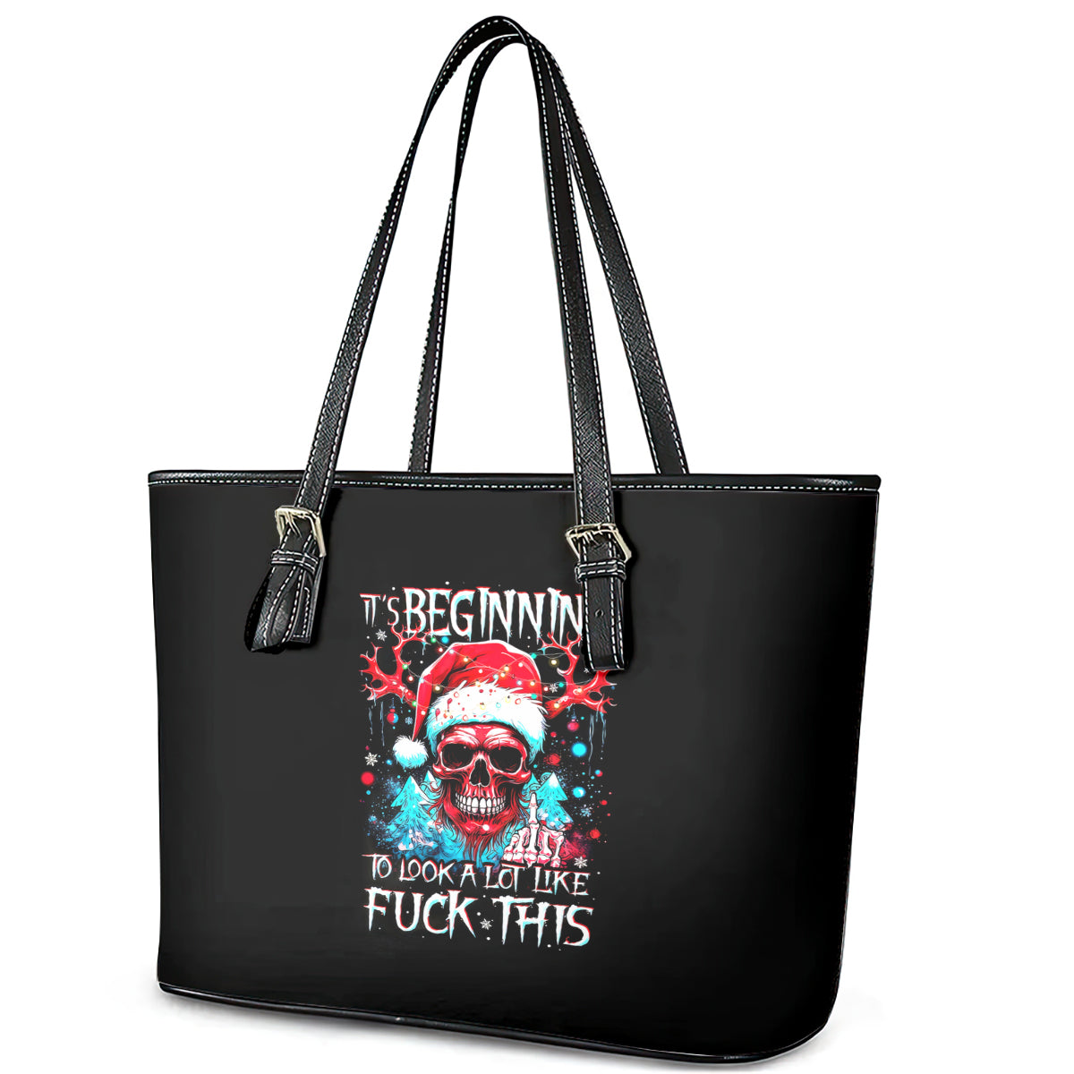 Skull Santa Claus Leather Tote Bag It's Beginning To Look A Lot Like Fuck This DT01