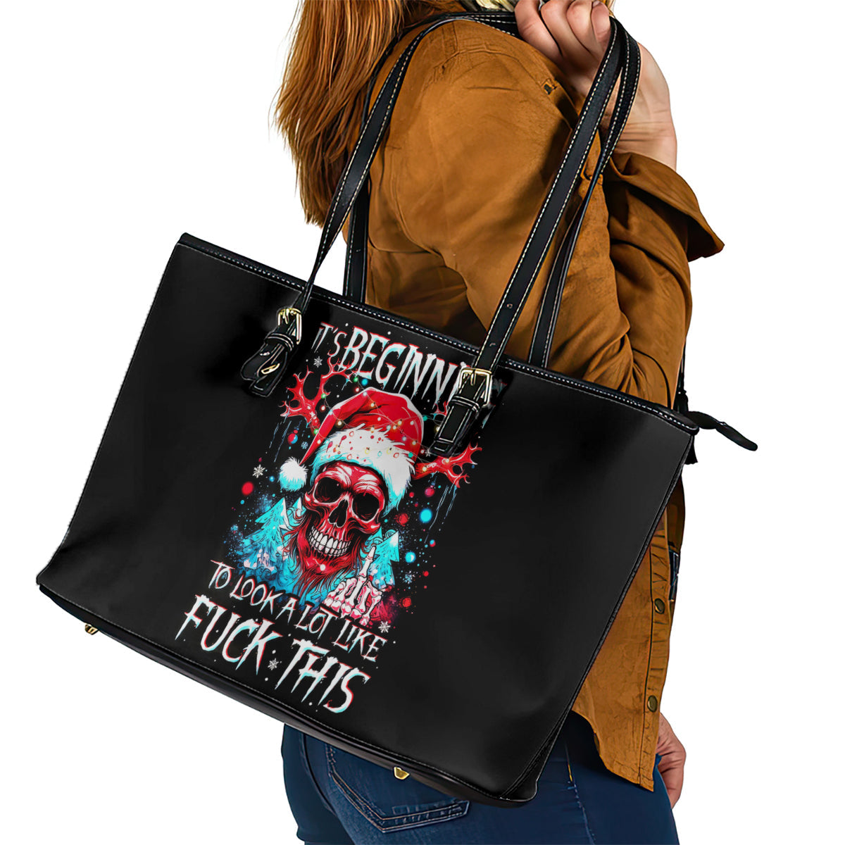 Skull Santa Claus Leather Tote Bag It's Beginning To Look A Lot Like Fuck This DT01