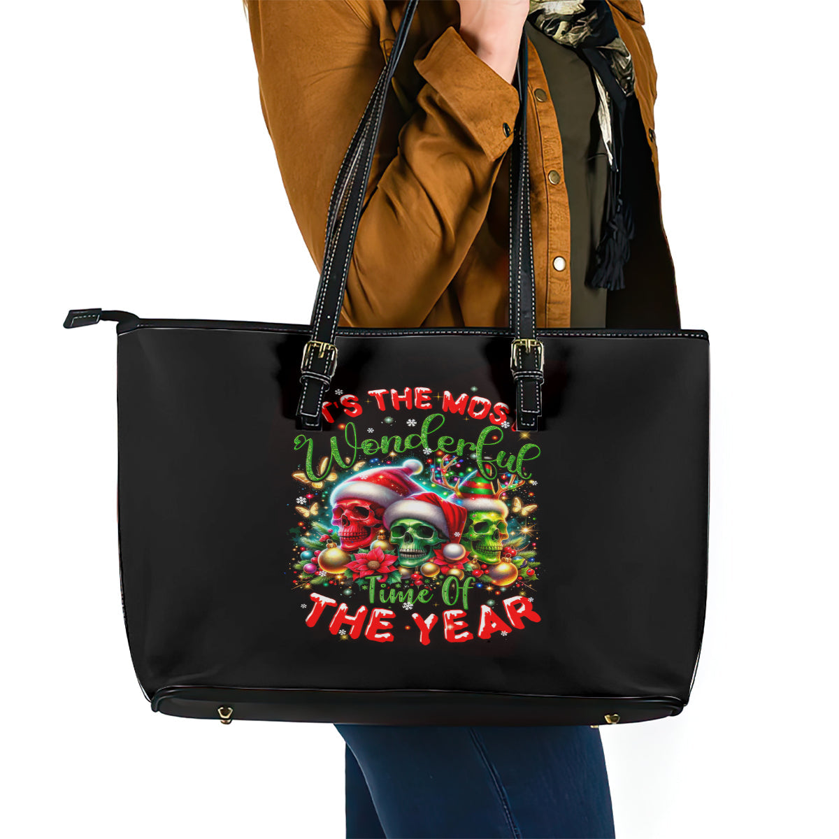 Skull Santa Claus Leather Tote Bag It's The Most Time Of The Year DT01
