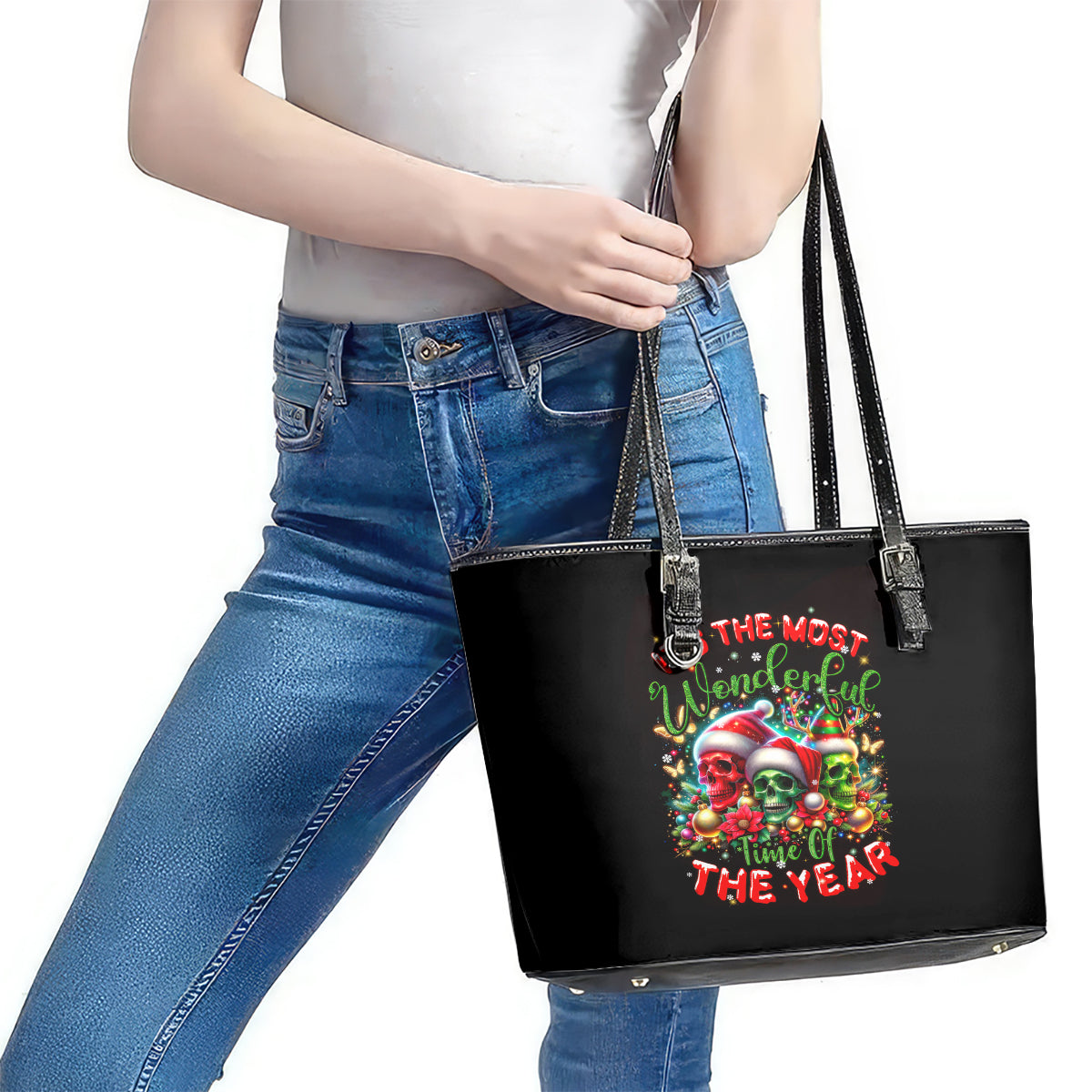 Skull Santa Claus Leather Tote Bag It's The Most Time Of The Year DT01