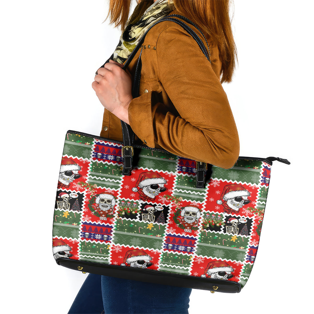Skeleton Santa Claus Leather Tote Bag Moodboard Skull Ugly Christmas DT01