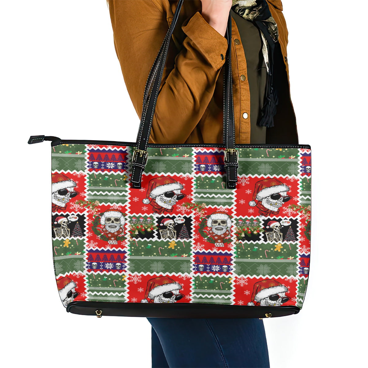 Skeleton Santa Claus Leather Tote Bag Moodboard Skull Ugly Christmas DT01