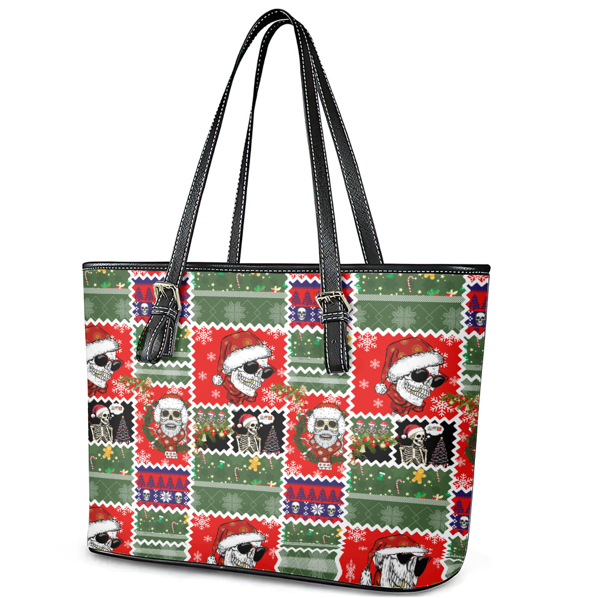 Skeleton Santa Claus Leather Tote Bag Moodboard Skull Ugly Christmas DT01