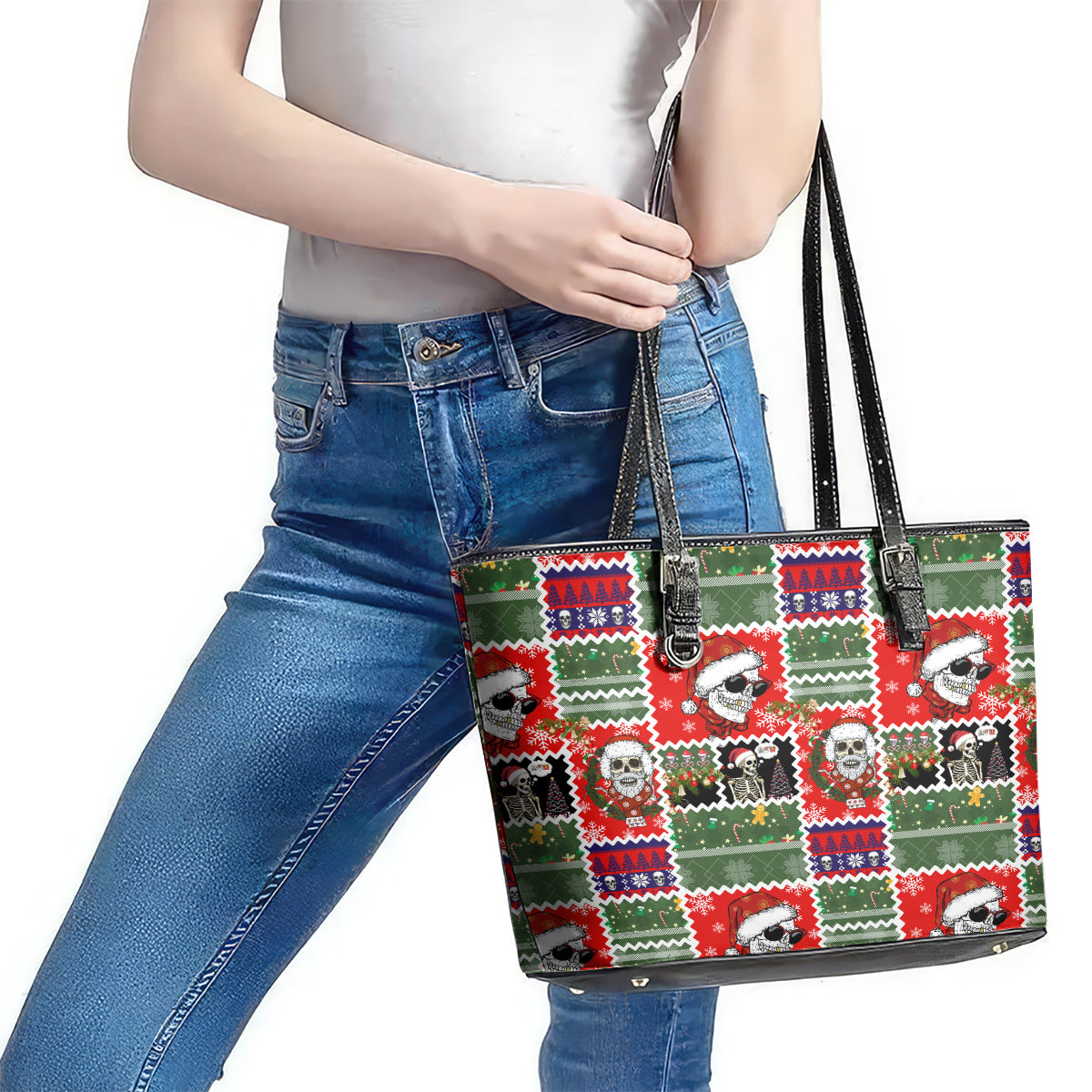 Skeleton Santa Claus Leather Tote Bag Moodboard Skull Ugly Christmas DT01