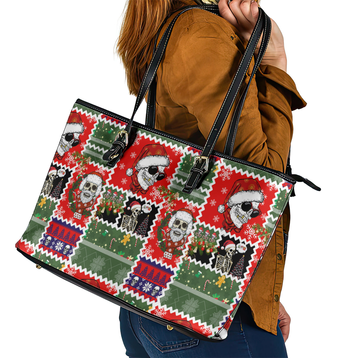 Skeleton Santa Claus Leather Tote Bag Moodboard Skull Ugly Christmas DT01