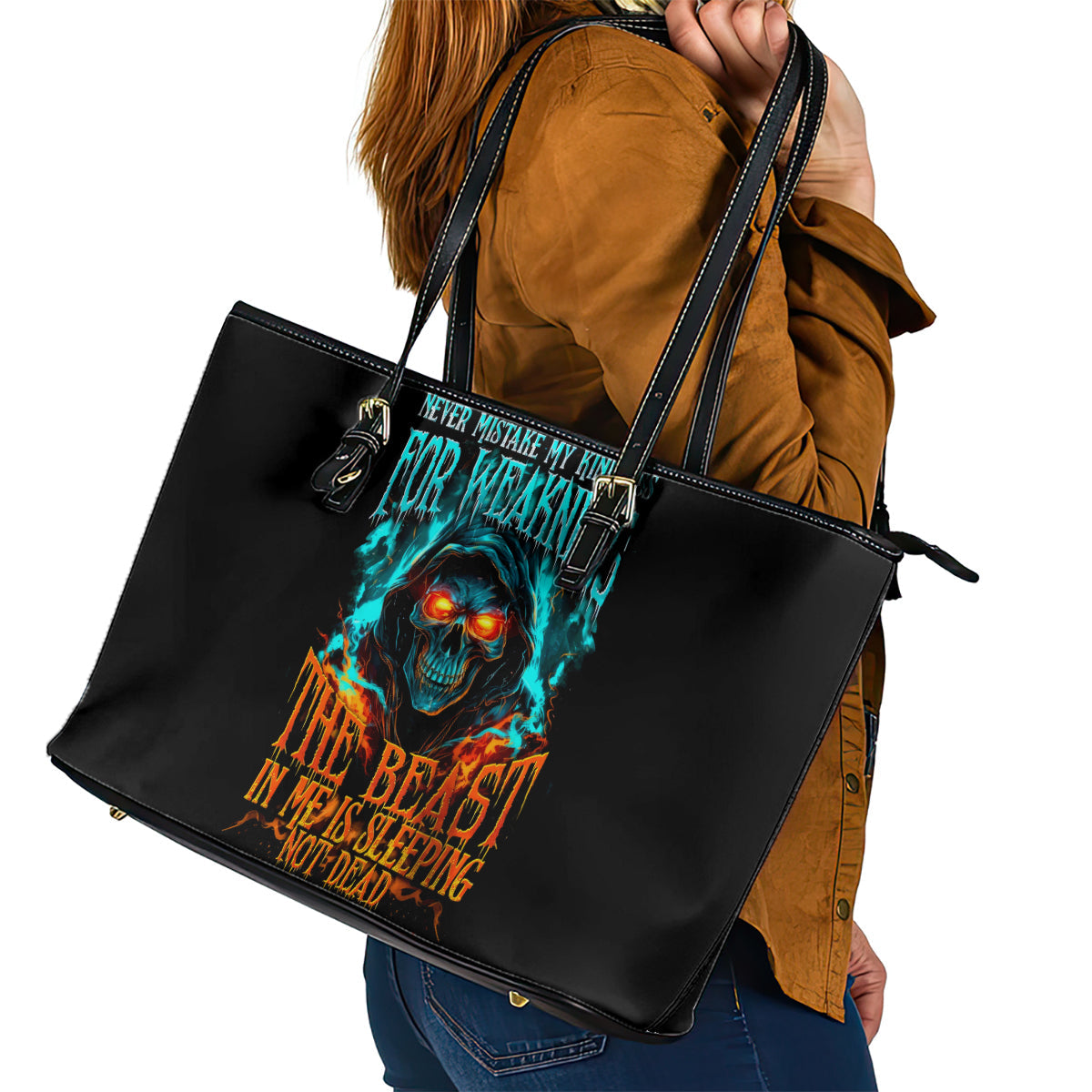 Flame Skull Leather Tote Bag Never Mistake My Kindness For Weakness The Beast In Me Is Sleeping Noe Dead DT01
