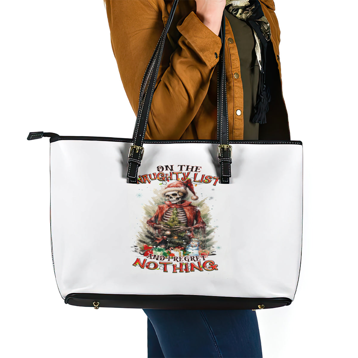 Skeleton Santa Claus Leather Tote Bag On The Naughty List And I Regret Nothing DT01