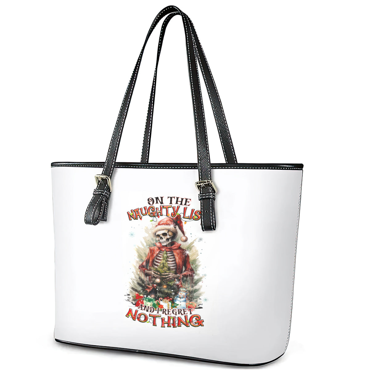 Skeleton Santa Claus Leather Tote Bag On The Naughty List And I Regret Nothing DT01