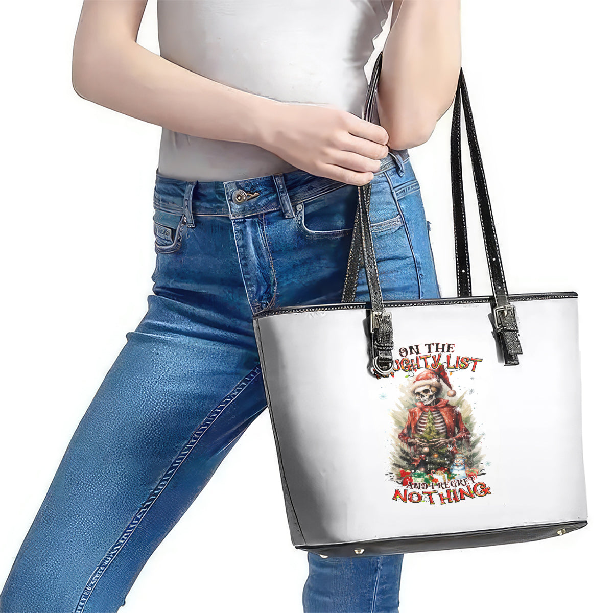 Skeleton Santa Claus Leather Tote Bag On The Naughty List And I Regret Nothing DT01