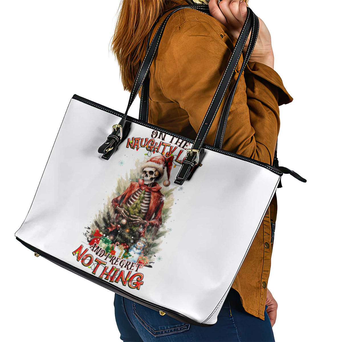 Skeleton Santa Claus Leather Tote Bag On The Naughty List And I Regret Nothing DT01