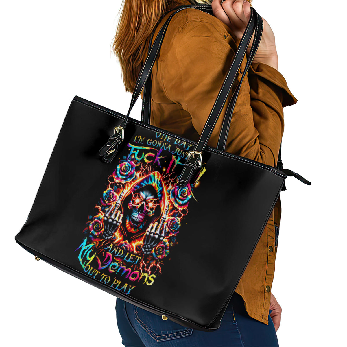 Flower Skull Leather Tote Bag One Day Say Fuck Itt All And Let My Demons Out DT01