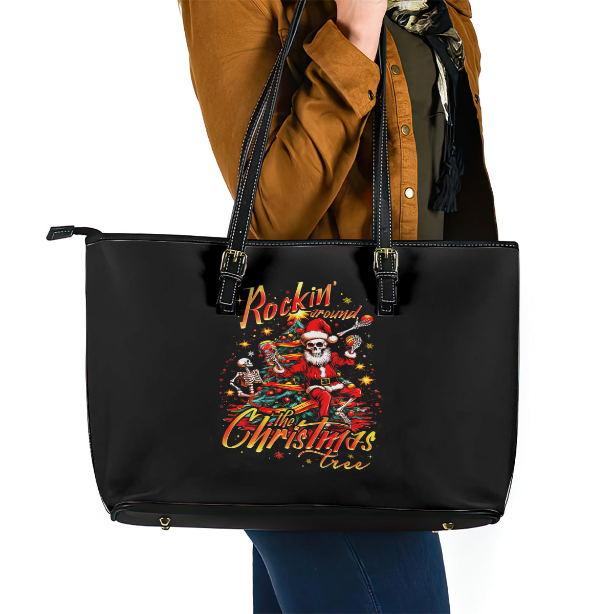 Skeleton Santa Claus Leather Tote Bag Rockin' Around The Christmas Tree DT01