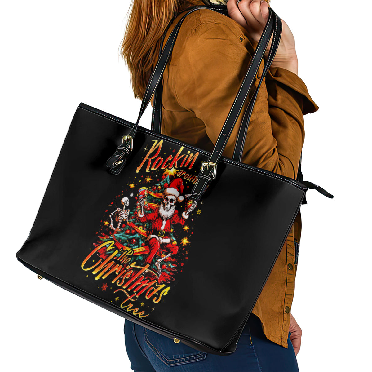 Skeleton Santa Claus Leather Tote Bag Rockin' Around The Christmas Tree DT01