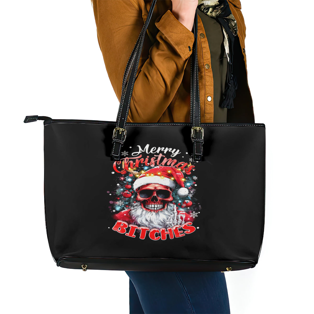 Skeleton Santa Claus Leather Tote Bag Merry Christmas Bitches DT01