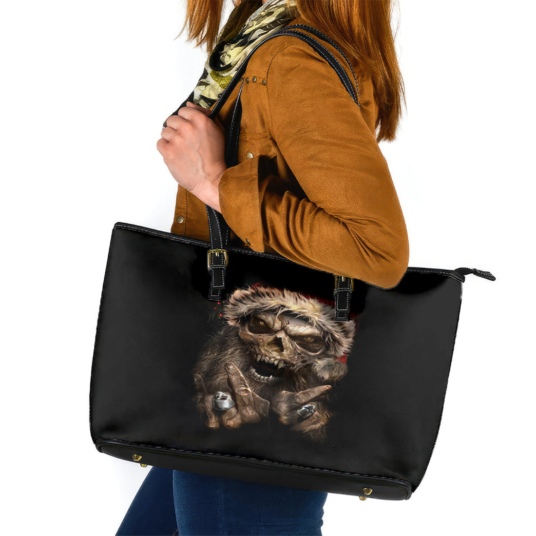 Skeleton Santa Claus Leather Tote Bag Scary Skeleton Santa Claus Coming DT01