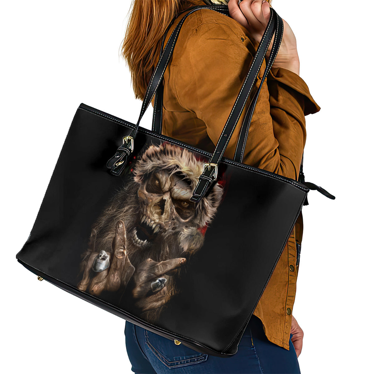 Skeleton Santa Claus Leather Tote Bag Scary Skeleton Santa Claus Coming DT01