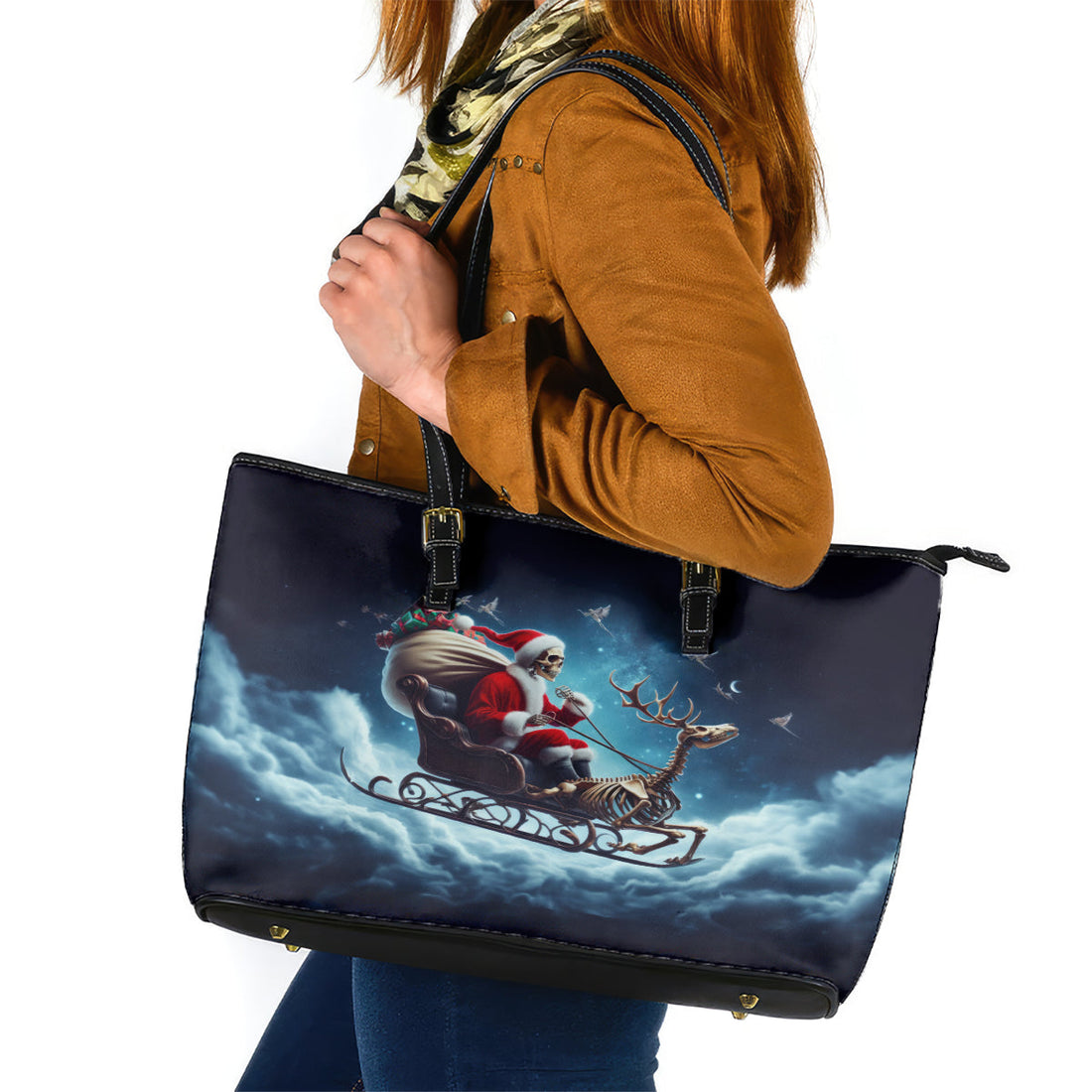 Skeleton Santa Claus Leather Tote Bag Santa Claus Is Coming To Town DT01