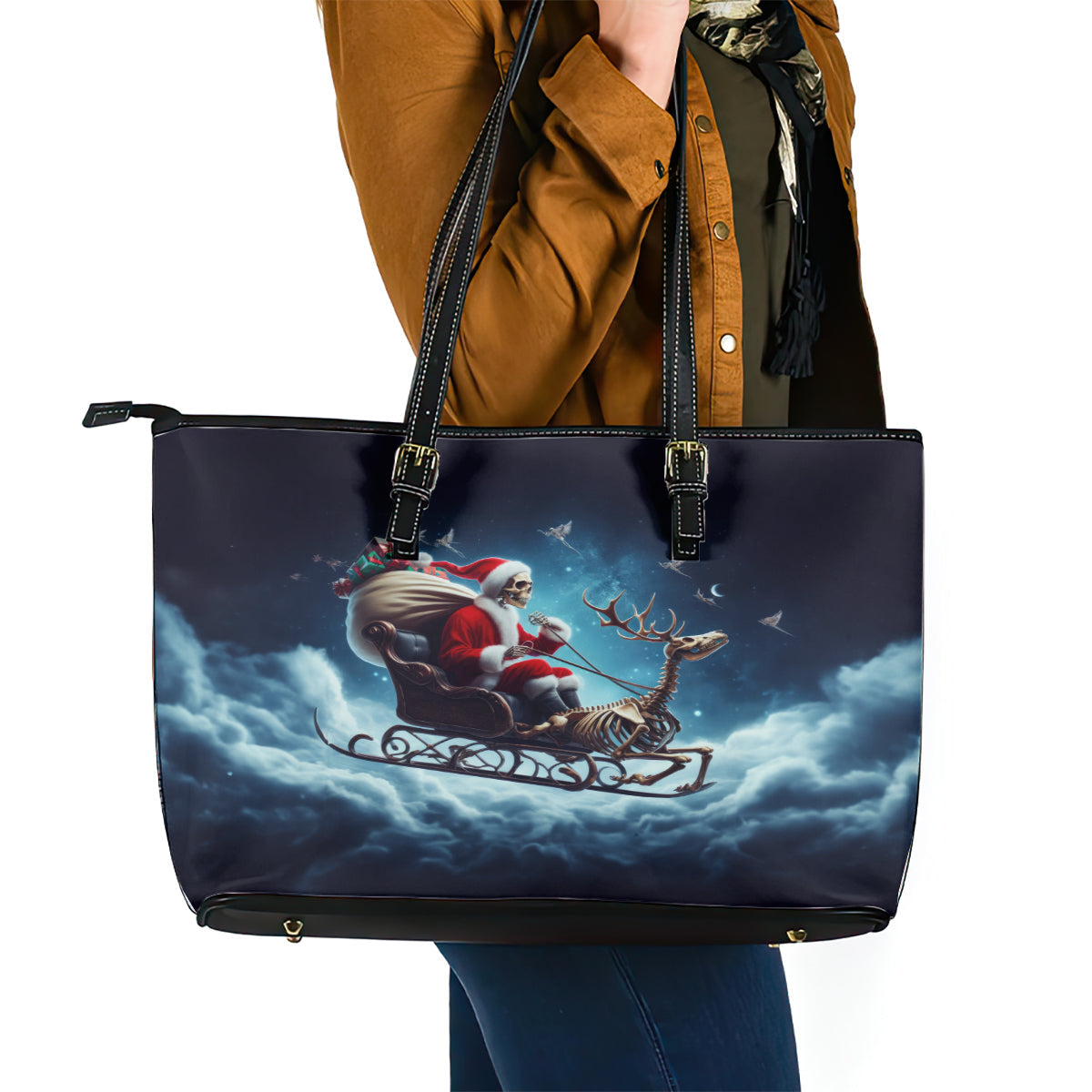 Skeleton Santa Claus Leather Tote Bag Santa Claus Is Coming To Town DT01