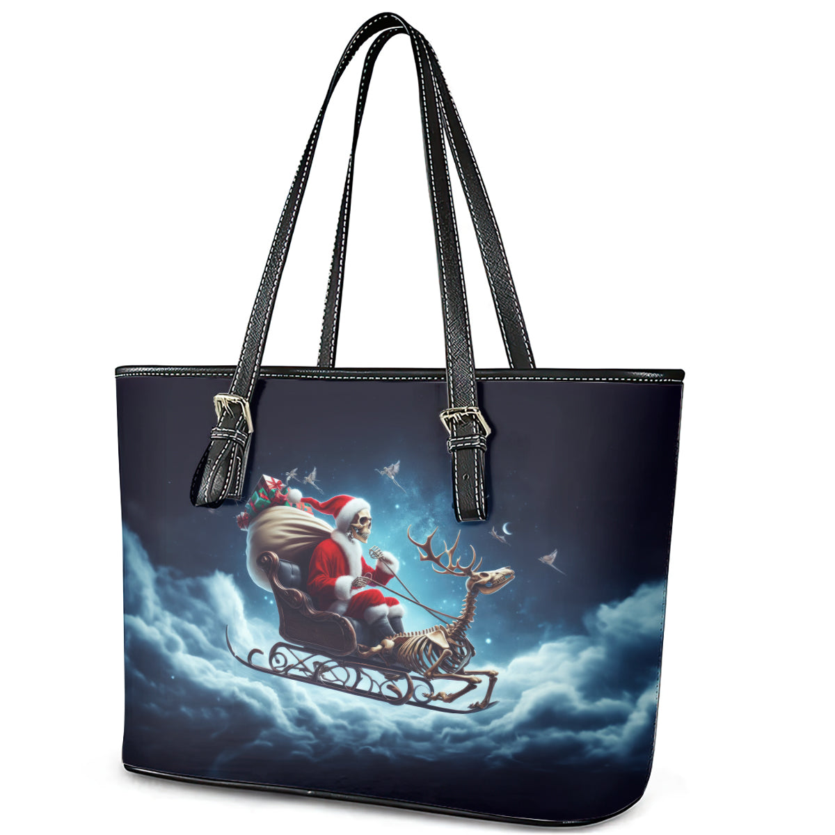 Skeleton Santa Claus Leather Tote Bag Santa Claus Is Coming To Town DT01