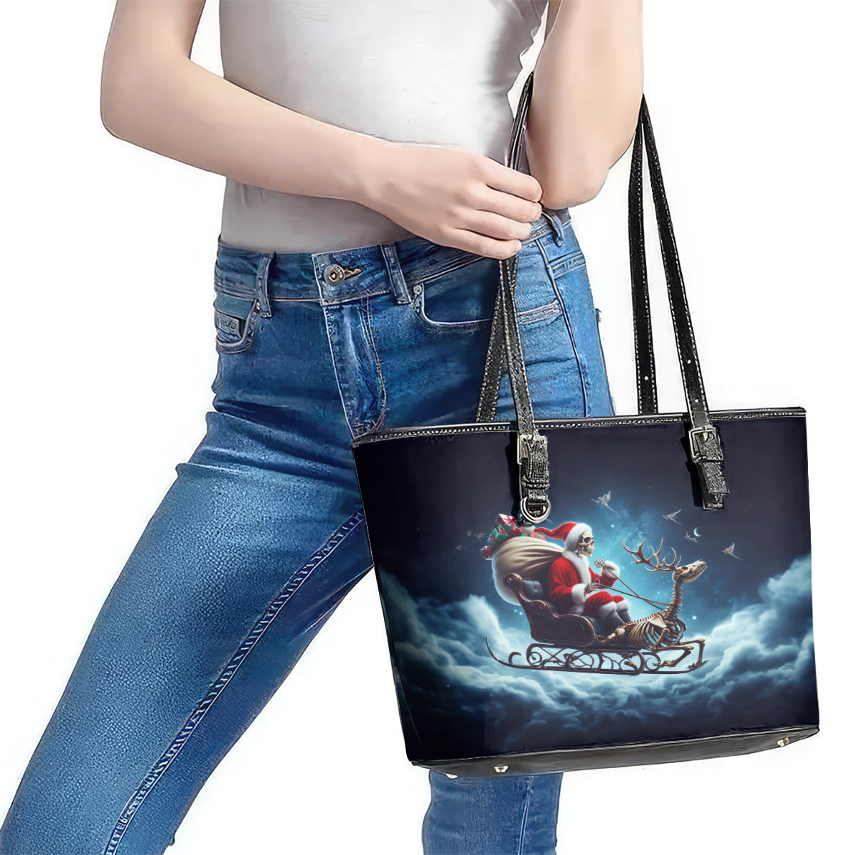 Skeleton Santa Claus Leather Tote Bag Santa Claus Is Coming To Town DT01