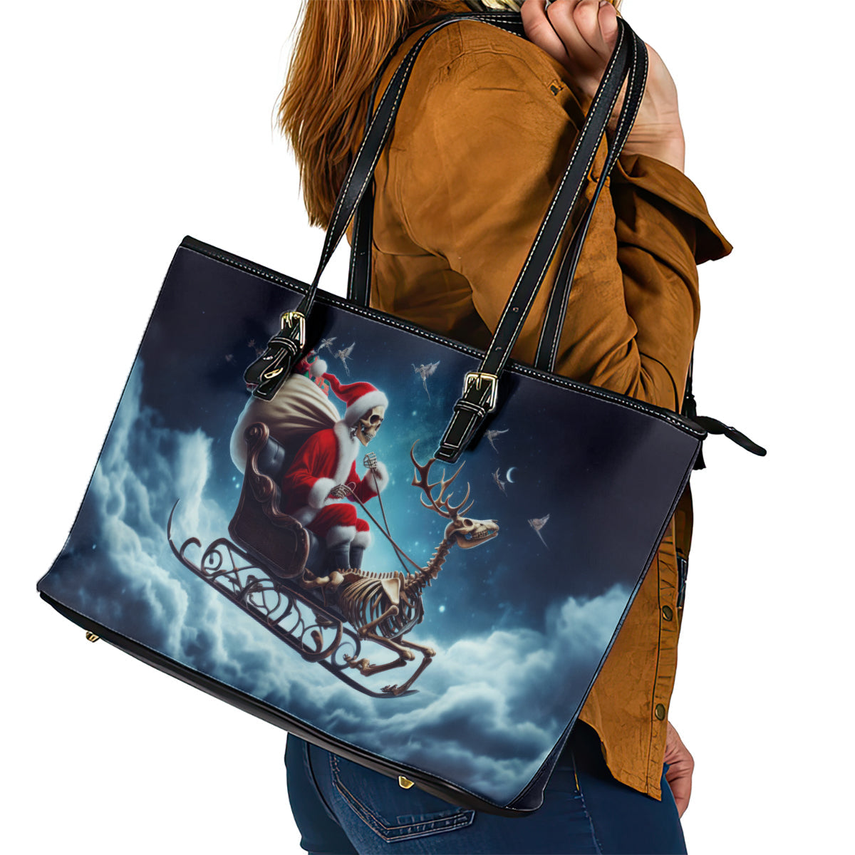 Skeleton Santa Claus Leather Tote Bag Santa Claus Is Coming To Town DT01