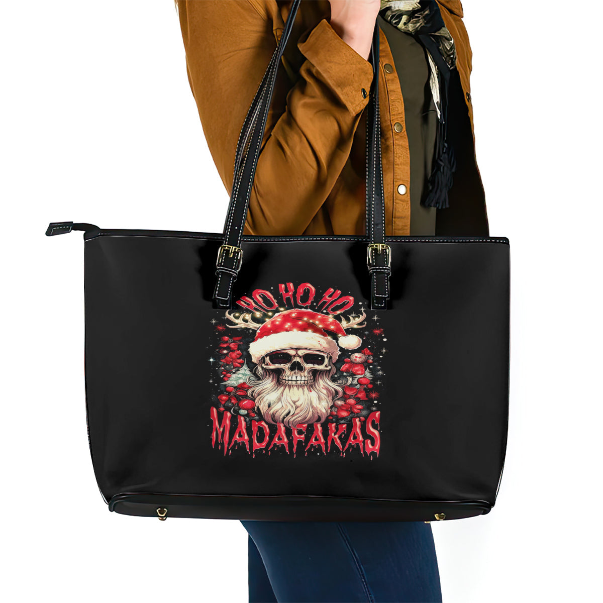 Skull Santa Claus Leather Tote Bag Ho Ho Ho Madafakas DT01