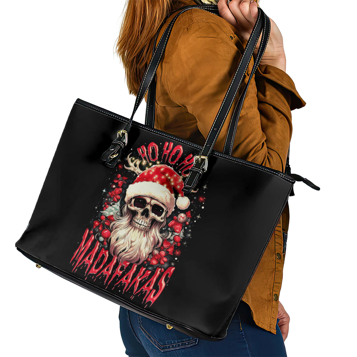 Skull Santa Claus Leather Tote Bag Ho Ho Ho Madafakas DT01