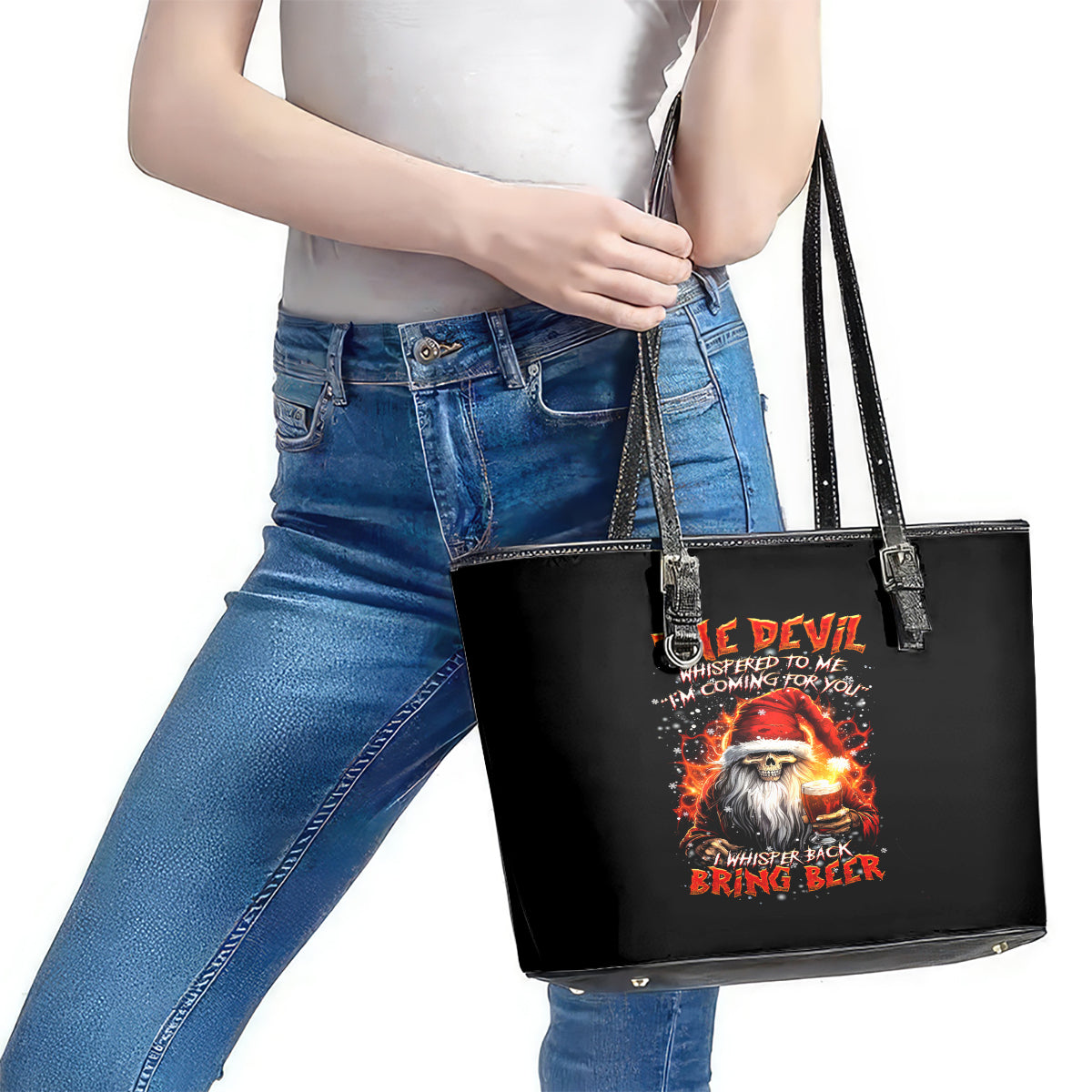 Skeleton Santa Claus Leather Tote Bag The Devil Whispered To Me I'm Coming For You I Whisper Back Bring Beer DT01