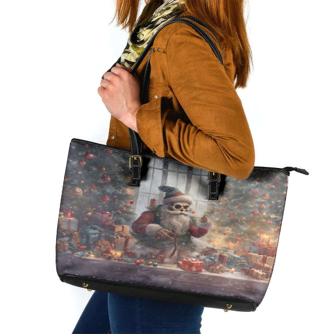 Skeleton Santa Claus Leather Tote Bag Repair For Christmas Santa Claus DT01