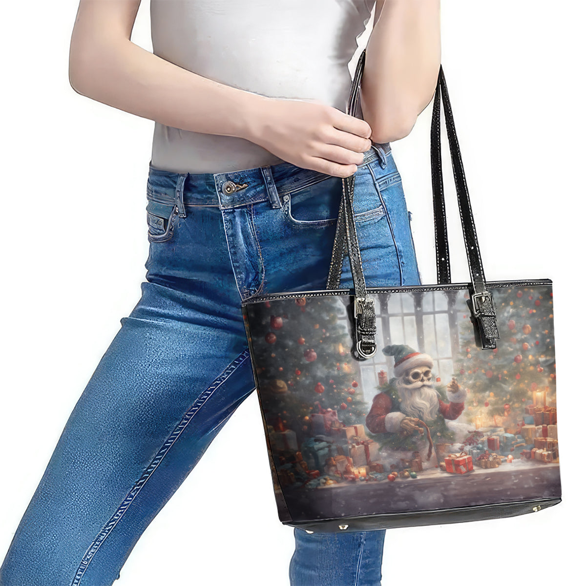 Skeleton Santa Claus Leather Tote Bag Repair For Christmas Santa Claus DT01