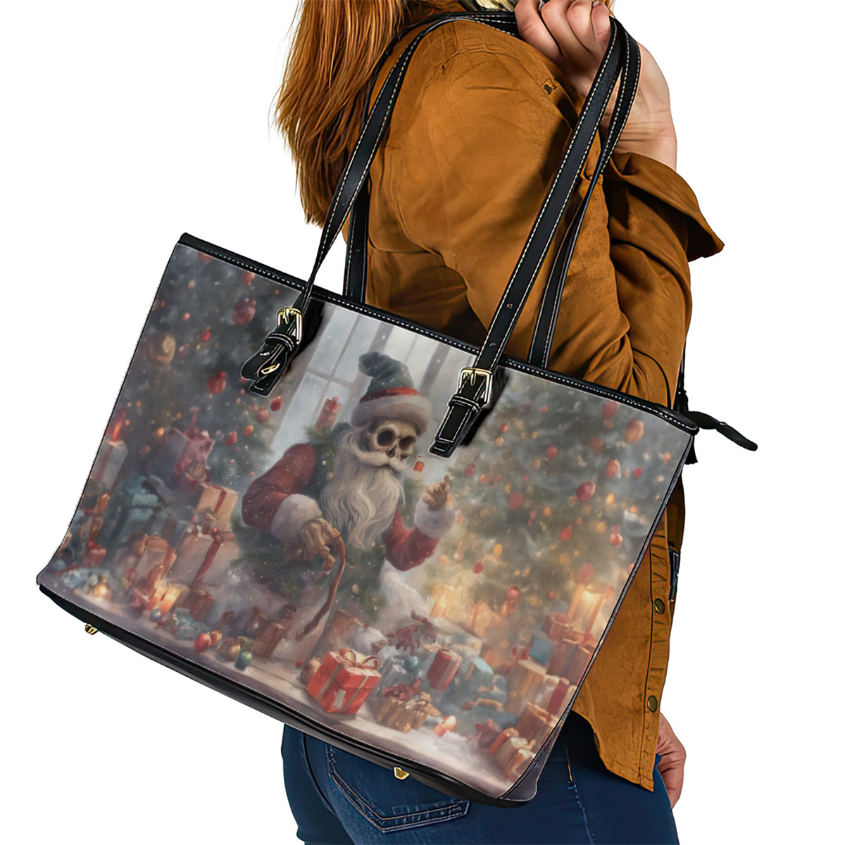 Skeleton Santa Claus Leather Tote Bag Repair For Christmas Santa Claus DT01