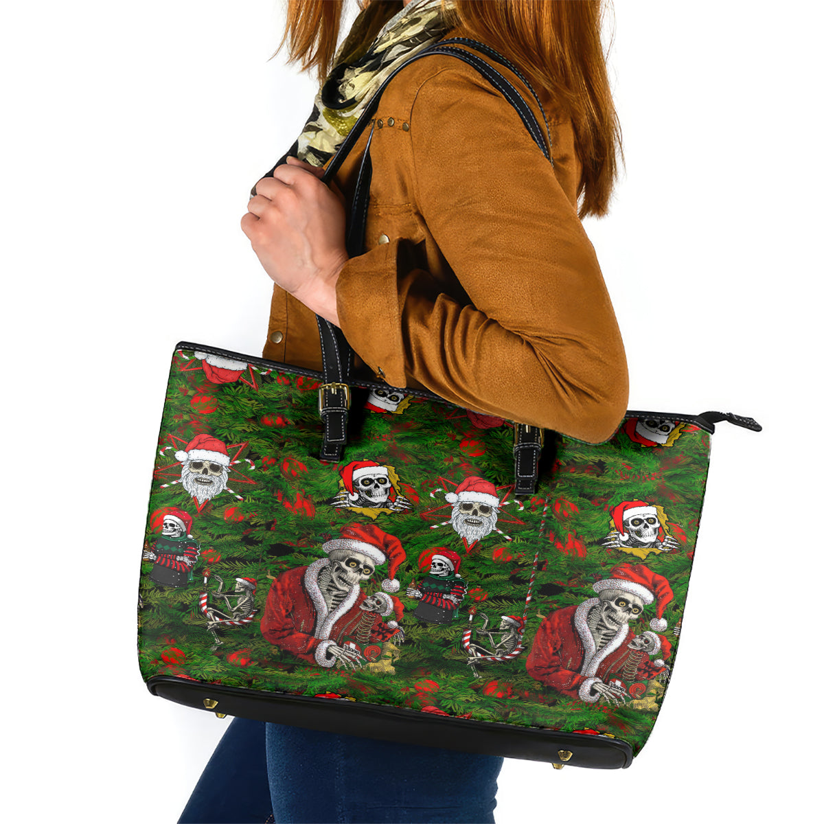 Skeleton Santa Claus Leather Tote Bag Multi Skeleton Santa Pattern Ugly Christmas DT01