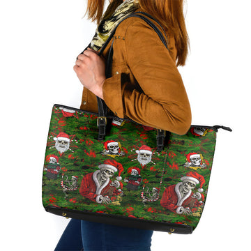Skeleton Santa Claus Leather Tote Bag Multi Skeleton Santa Pattern Ugly Christmas DT01