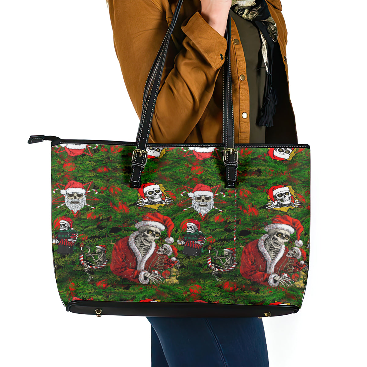 Skeleton Santa Claus Leather Tote Bag Multi Skeleton Santa Pattern Ugly Christmas DT01