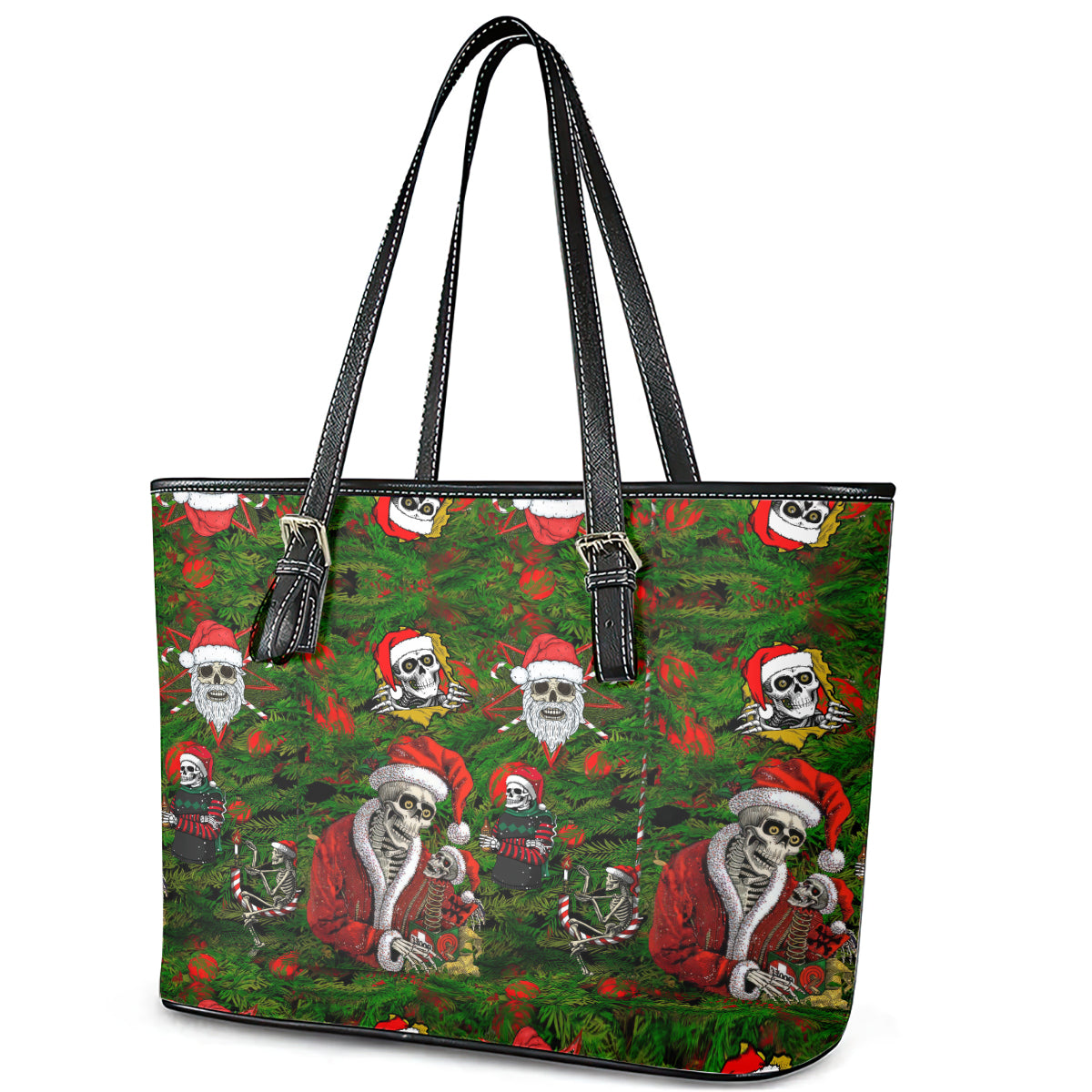 Skeleton Santa Claus Leather Tote Bag Multi Skeleton Santa Pattern Ugly Christmas DT01