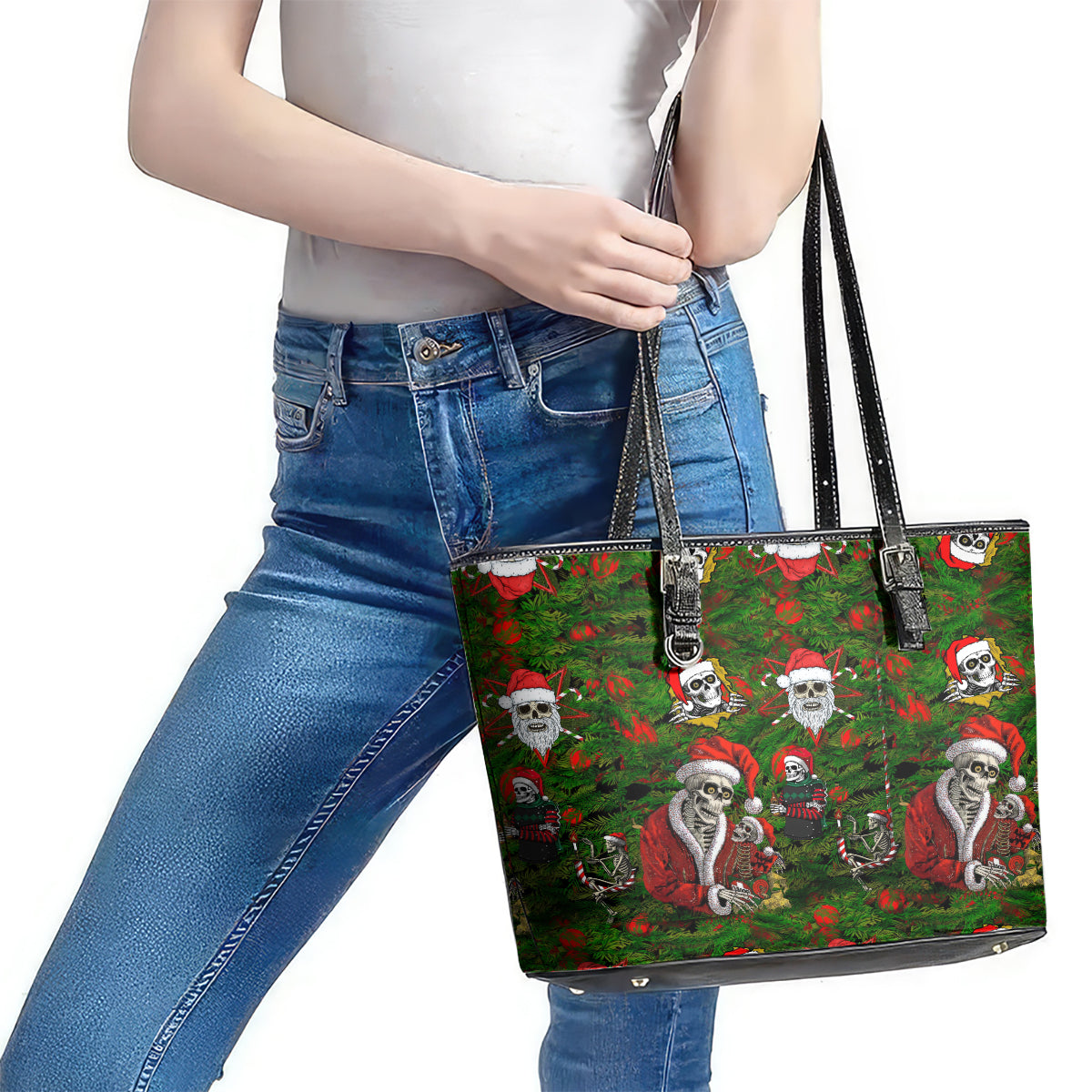 Skeleton Santa Claus Leather Tote Bag Multi Skeleton Santa Pattern Ugly Christmas DT01
