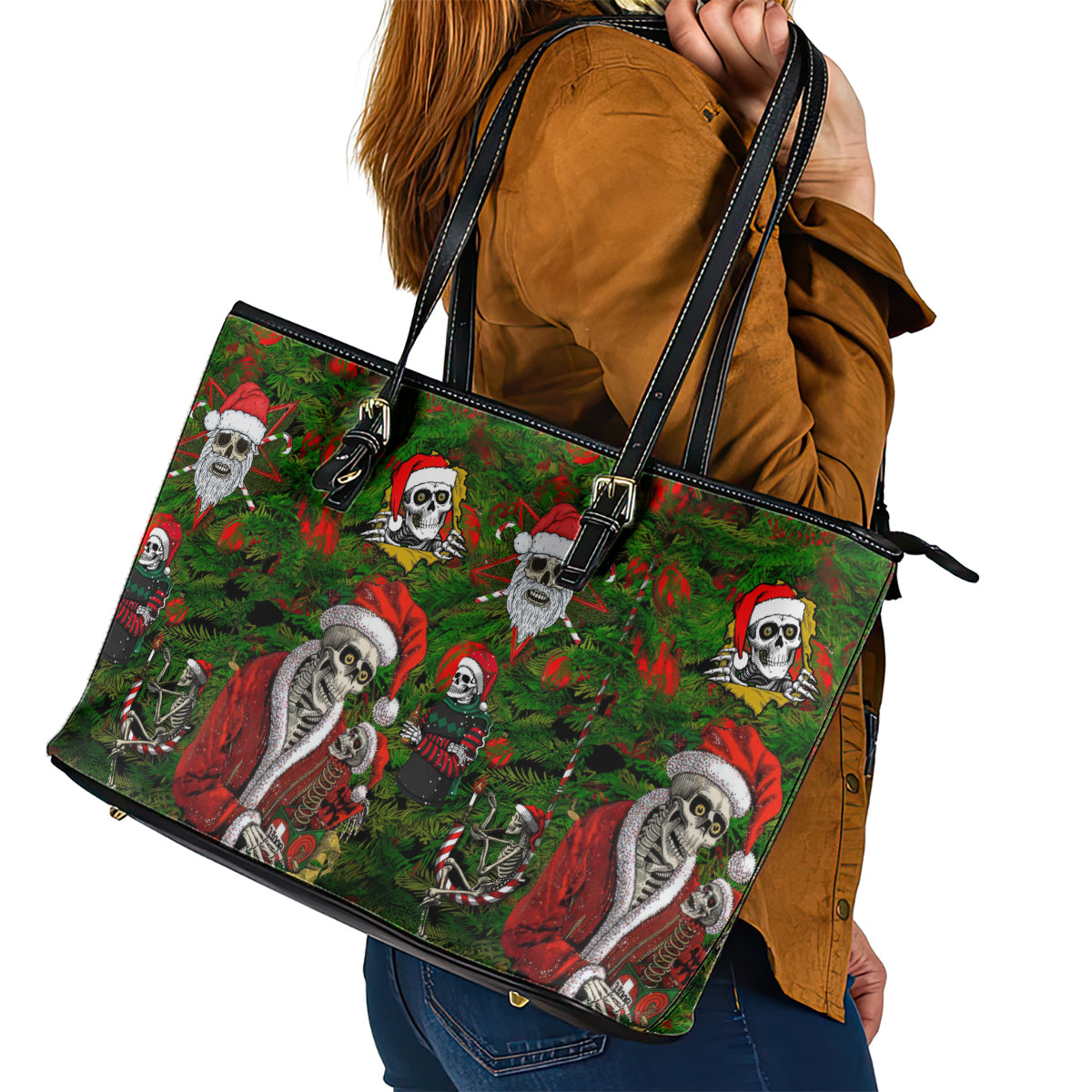Skeleton Santa Claus Leather Tote Bag Multi Skeleton Santa Pattern Ugly Christmas DT01