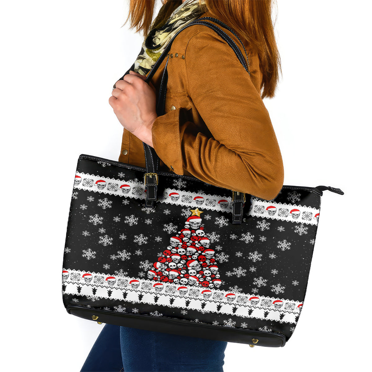 Skull Santa Leather Tote Bag Tree Skull Santa Ugly Christmas DT01