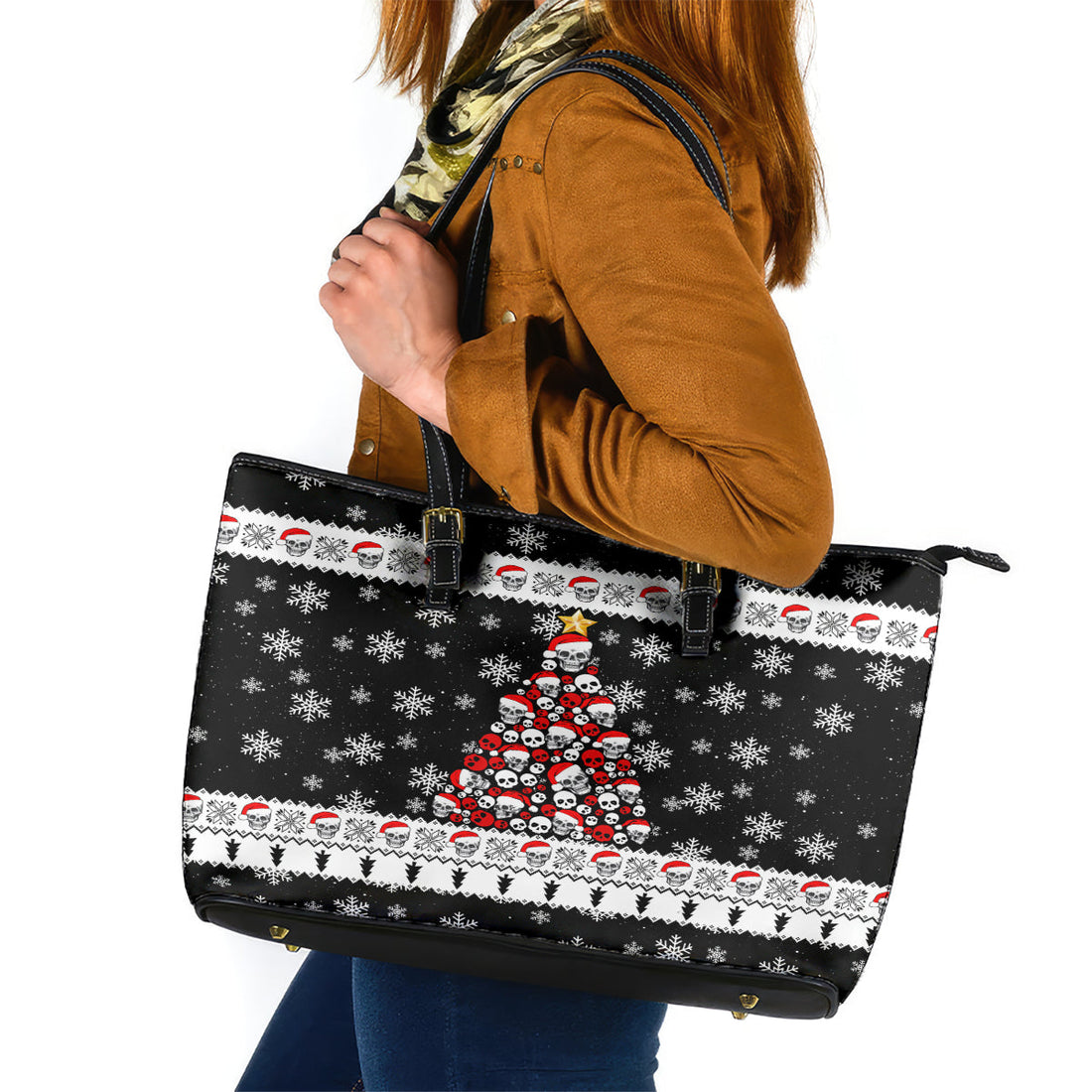 Skull Santa Leather Tote Bag Tree Skull Santa Ugly Christmas DT01