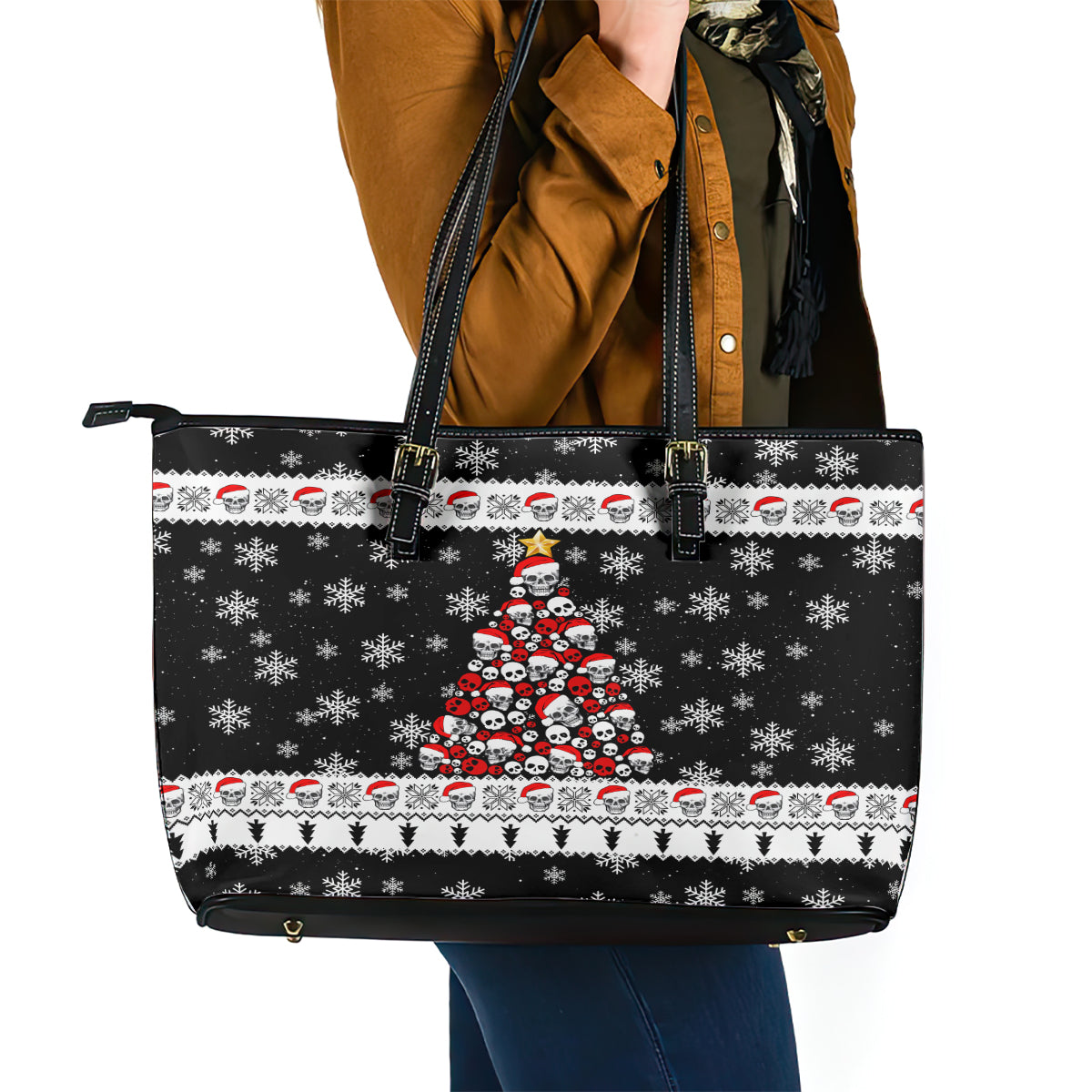 Skull Santa Leather Tote Bag Tree Skull Santa Ugly Christmas DT01