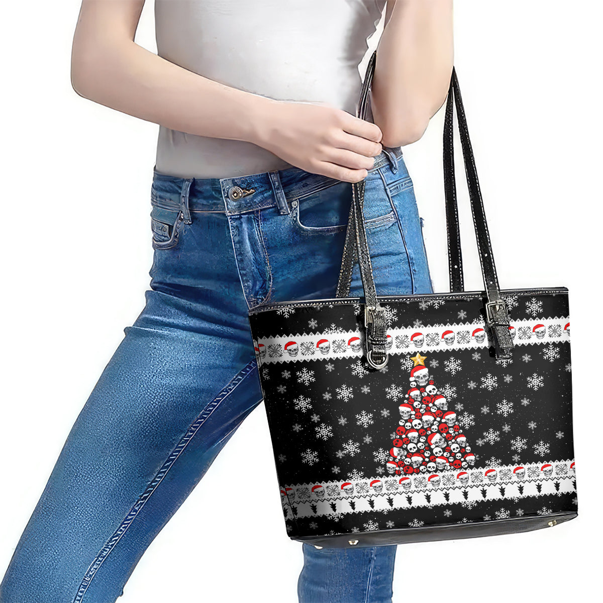 Skull Santa Leather Tote Bag Tree Skull Santa Ugly Christmas DT01