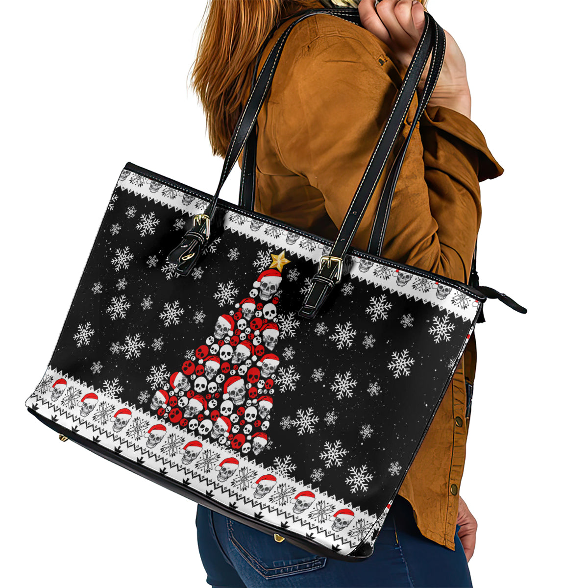 Skull Santa Leather Tote Bag Tree Skull Santa Ugly Christmas DT01