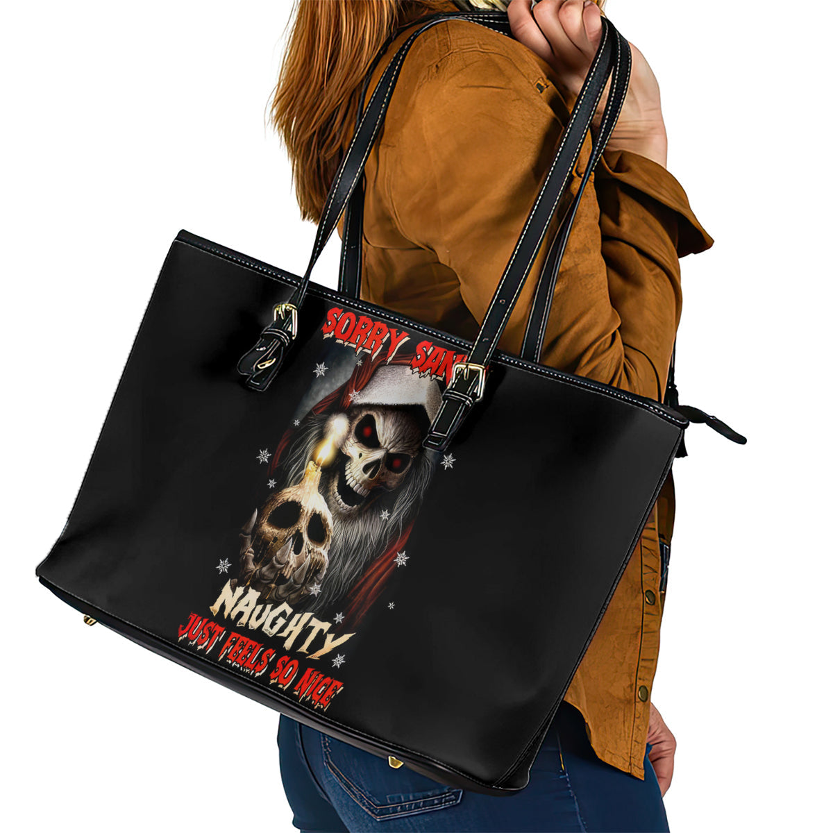 Skeleton Santa Claus Leather Tote Bag Sorry Santa Naughty Just Feels So Nice DT01