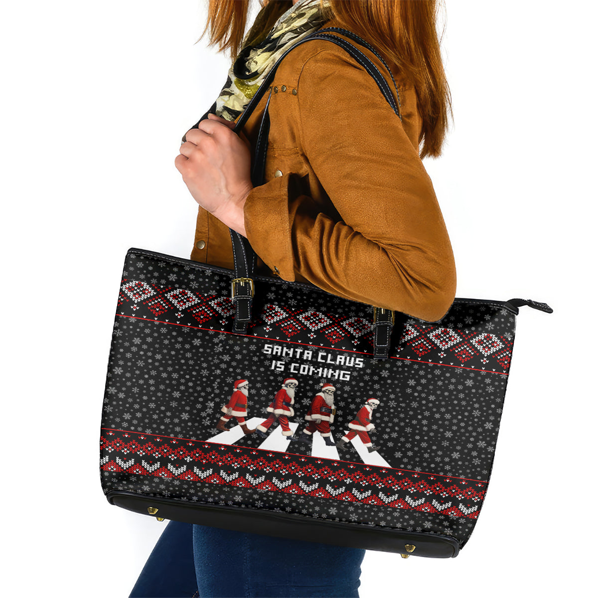 Skeleton Santa Claus Leather Tote Bag Santa Claus Is Coming Cross Street DT01