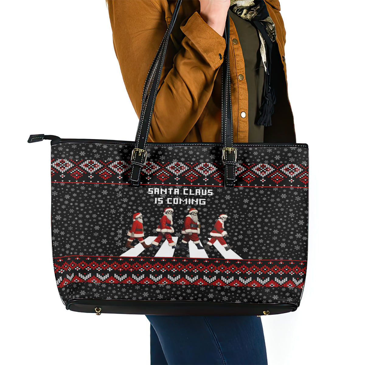 Skeleton Santa Claus Leather Tote Bag Santa Claus Is Coming Cross Street DT01
