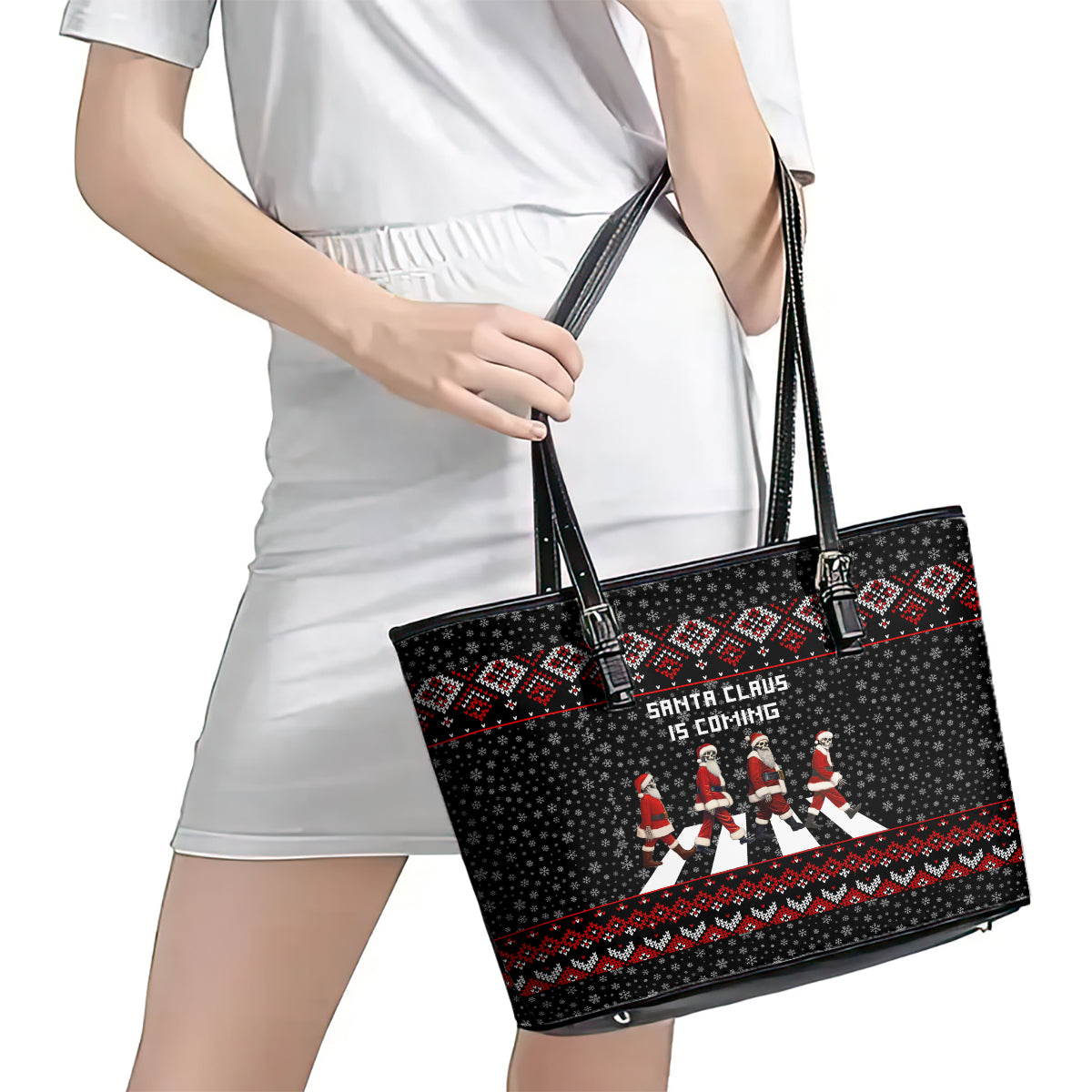 Skeleton Santa Claus Leather Tote Bag Santa Claus Is Coming Cross Street DT01